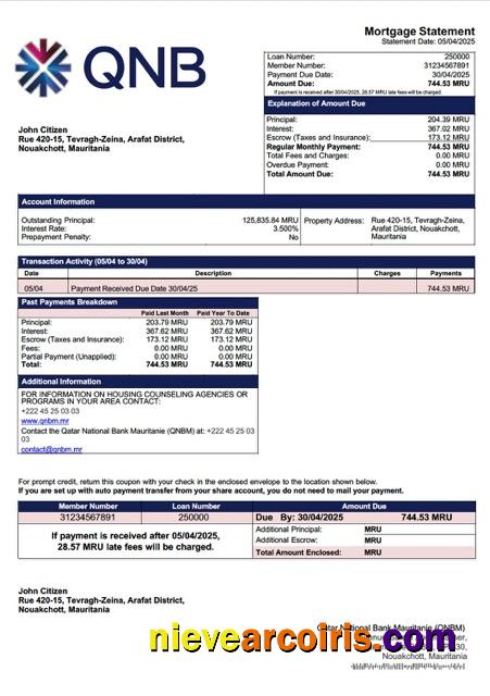 Mauritania Qatar National Bank Mauritanie (QNBM) mortgage statement Word and PDF template